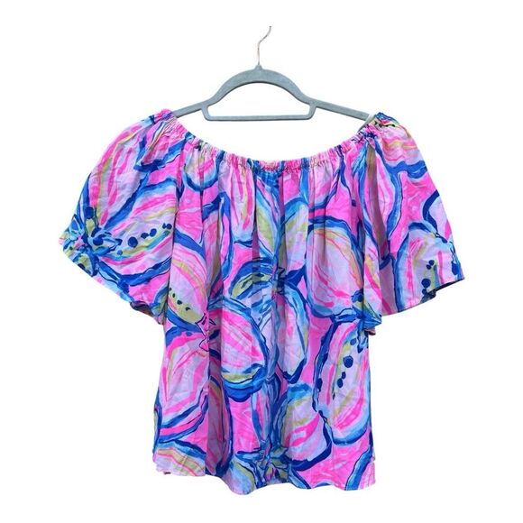 Lilly Pulitzer Top Off The Shoulder Sain Blouse in Pink Sunset Sunny Side - Picture 5 of 7